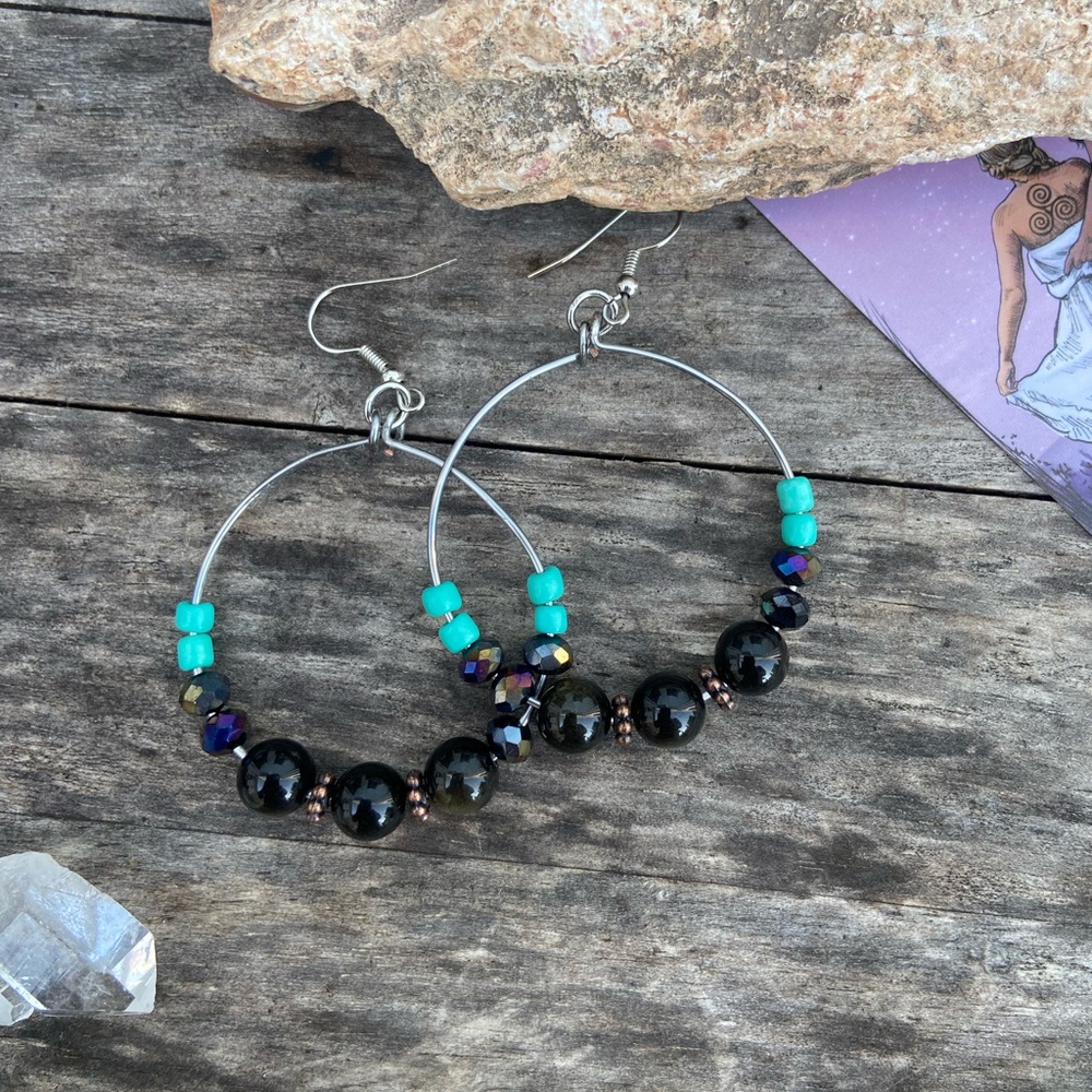 Wire Wrapped Gold Sheen Obsidian Gemstone Hoop Earrings - Picture 3 of 14